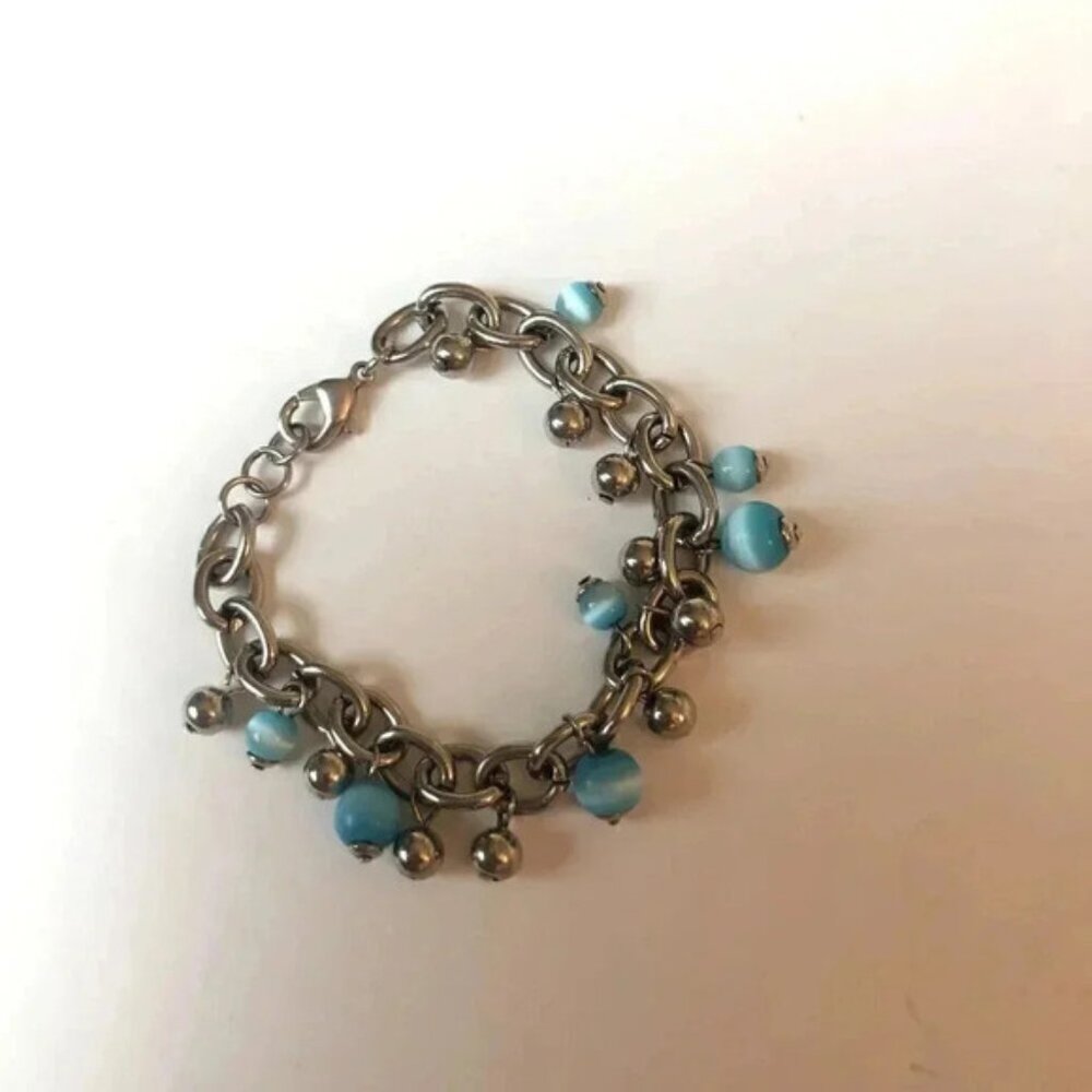 Blue Moonstone Beaded Bracelet Silver Cable Link 7-3/4"